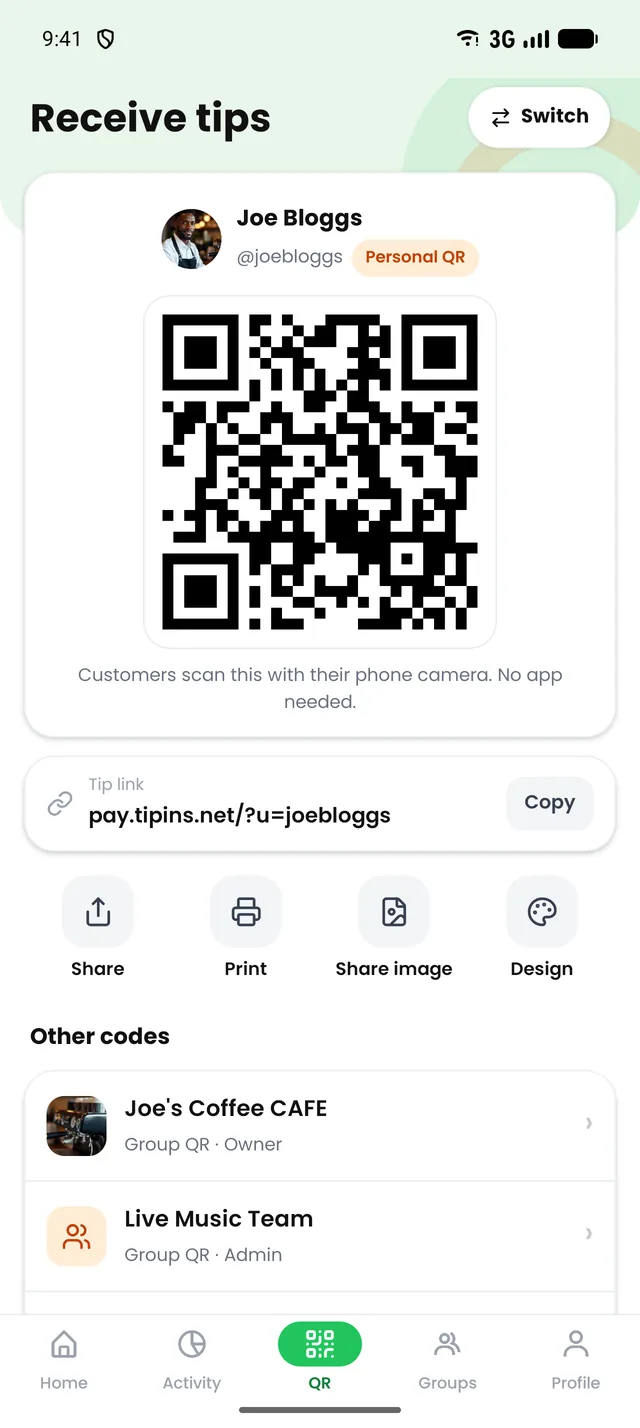 The TipIns app showing Joe Bloggs’ personal QR code